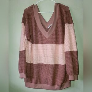 Waffle Knit V-Neck Colorblock Sweater - Dusty Rose & Blush